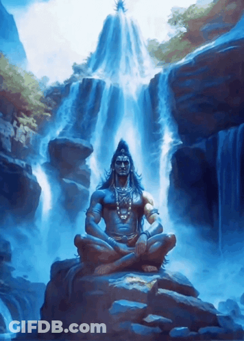 A Painting Of A Man Sitting On A Rock With A Waterfall In The Background GIF