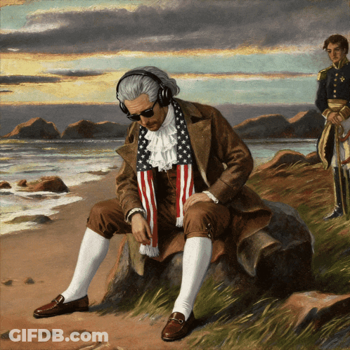 A Painting Of A Man Sitting On A Rock With Headphones On GIF