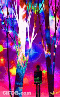A Painting Of A Man Standing In A Forest With The Name Perkins On The Bottom Left GIF