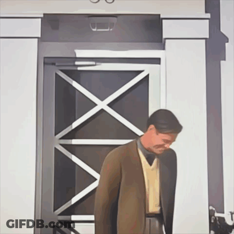 A Painting Of A Man Standing In Front Of A Door With A X On It GIF