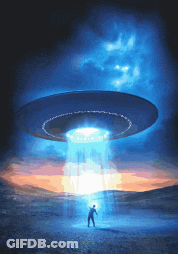 A Painting Of A Man Standing In Front Of A Ufo That Says ' I 'M Sorry ' On It GIF