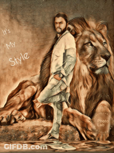 A Painting Of A Man Standing Next To A Lion With The Words It 'S My Style GIF