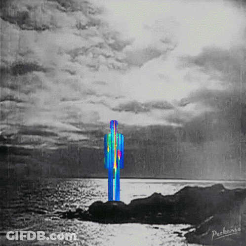 A Painting Of A Man Standing On A Rock In Front Of The Ocean Has The Name Peebaso On The Bottom GIF