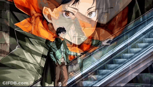 A Painting Of A Man Standing On An Escalator With A Reflection Of Another Man GIF