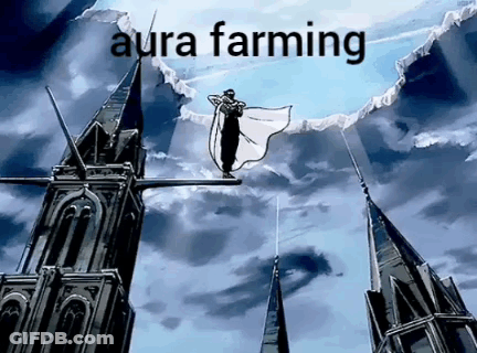 A Painting Of A Man Standing On Top Of A Building With The Words Aura Farming Above Him GIF
