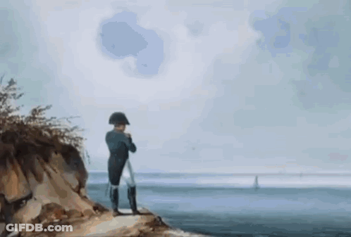 A Painting Of A Man Standing On Top Of A Cliff Overlooking The Ocean . GIF