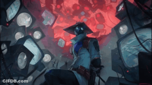 A Painting Of A Man Surrounded By A Bunch Of Televisions With A Red Background GIF