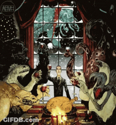 A Painting Of A Man Surrounded By Monsters And A Turkey GIF