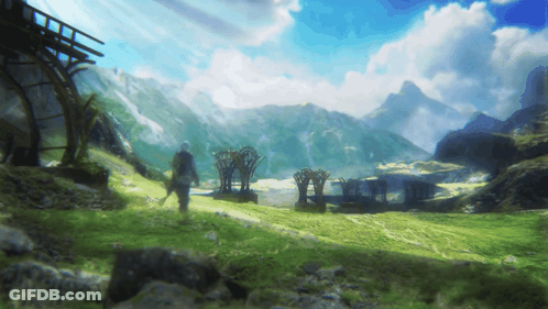 A Painting Of A Man Walking Through A Grassy Field With Mountains In The Background GIF