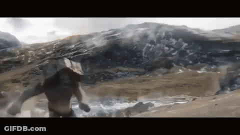 A Painting Of A Man Walking Through A River With Mountains In The Background GIF