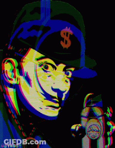 A Painting Of A Man Wearing A Baseball Cap With A Dollar Sign On It GIF