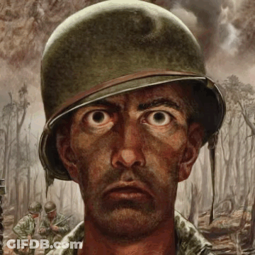 A Painting Of A Man Wearing A Helmet And Looking At The Camera GIF
