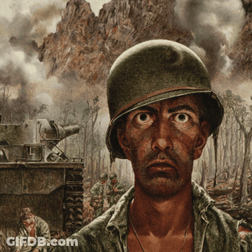 A Painting Of A Man Wearing A Helmet Looking At The Camera GIF