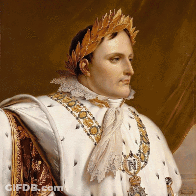 A Painting Of A Man Wearing A Laurel Wreath And A Necklace With The Letter M On It GIF