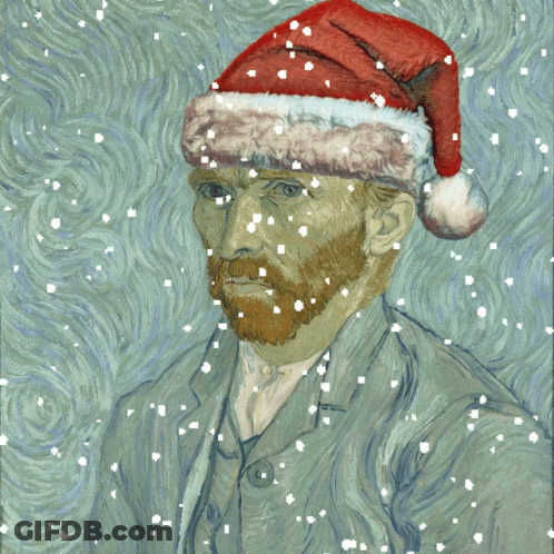 A Painting Of A Man Wearing A Santa Hat With Snow Falling Around Him GIF
