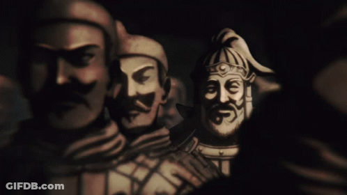 A Painting Of A Man With A Beard And A Helmet With The Number Viii On It GIF