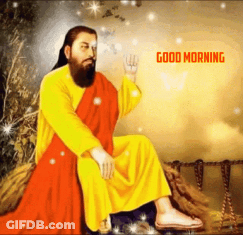 A Painting Of A Man With A Beard And A Yellow Robe With The Words " Good Morning " On The Bottom GIF