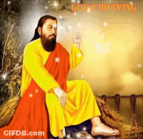 A Painting Of A Man With A Beard And A Yellow Robe With The Words Good Morning On The Bottom GIF