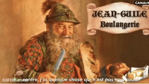 A Painting Of A Man With A Beard Holding A Knife In Front Of A Sign That Says Jean-Guilde GIF