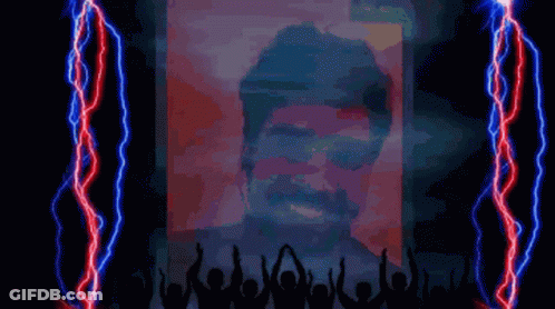 A Painting Of A Man With A Beard Is Surrounded By Lightning GIF
