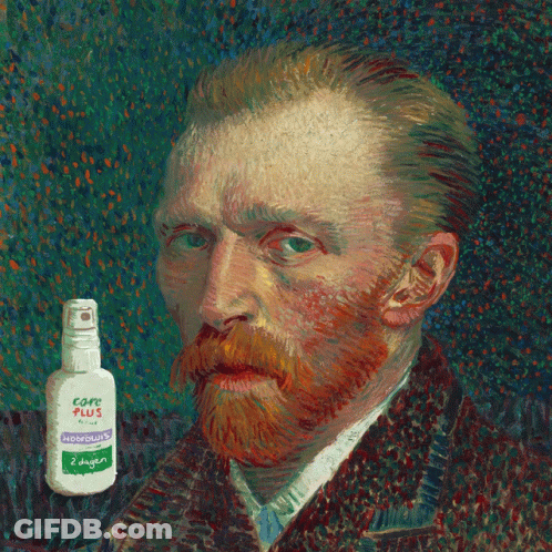 A Painting Of A Man With A Beard Next To A Bottle That Says Cop Plus GIF