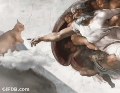 A Painting Of A Man With A Beard Reaching Out To A Cat GIF