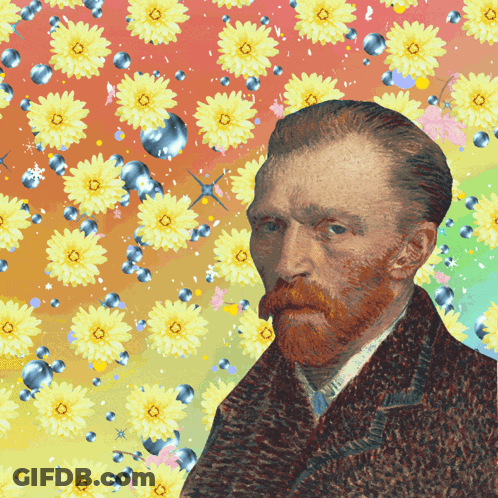 A Painting Of A Man With A Beard Surrounded By Yellow Daisies GIF