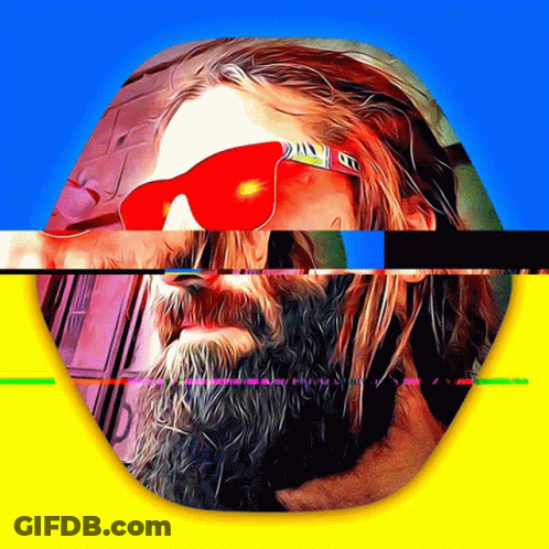 A Painting Of A Man With A Beard Wearing Red Sunglasses And A Yellow And Blue Background GIF