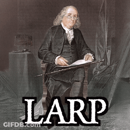 A Painting Of A Man With A Cane And The Word Larp Below Him GIF