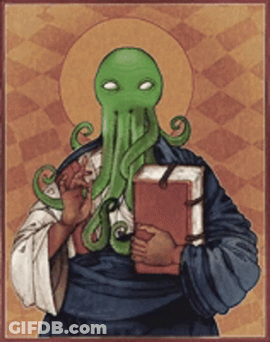 A Painting Of A Man With A Green Octopus On His Face Holding A Book GIF