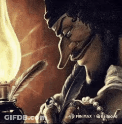A Painting Of A Man With A Long Nose Writing With A Feather Pen . GIF