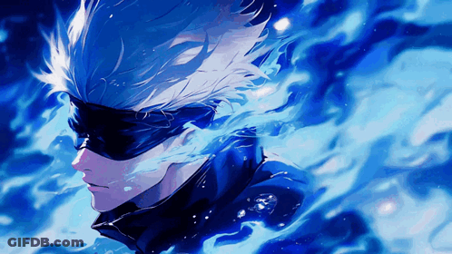 A Painting Of A Man With Blue Hair And A Black Eye Mask GIF