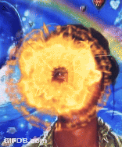 A Painting Of A Man With Flames Coming Out Of His Eyes GIF