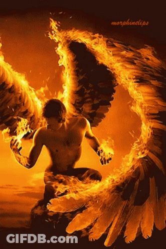 A Painting Of A Man With Flaming Wings Says Morphinelips GIF
