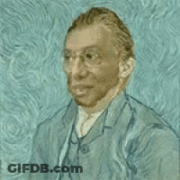A Painting Of A Man With Glasses And A Beard On A Blue Background GIF