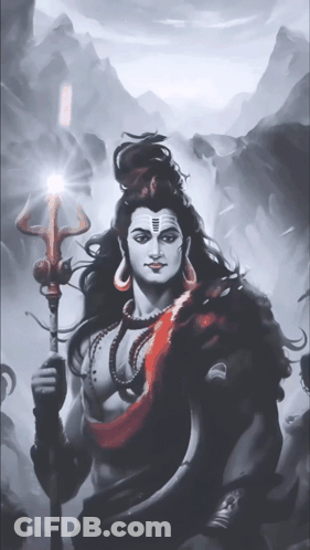 A Painting Of A Man With Long Hair Holding A Trident And Mountains In The Background GIF