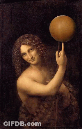 A Painting Of A Man With Long Hair Holding A Yellow Ball GIF