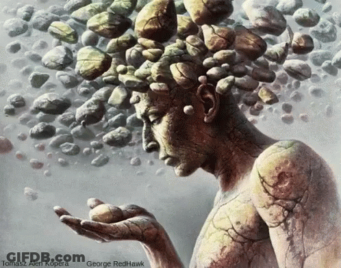 A Painting Of A Man With Rocks Coming Out Of His Head By Tomasz Allen Kopera And George Redhawk GIF
