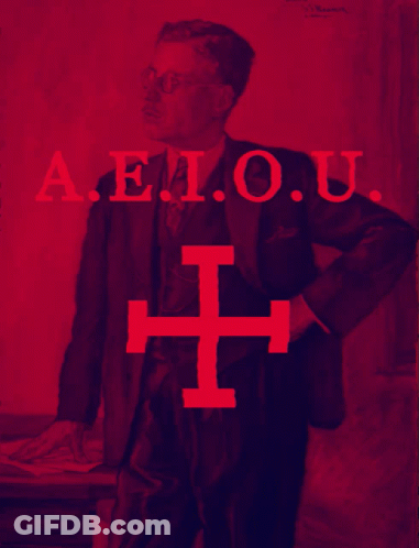 A Painting Of A Man With The Letters Aeio.u. On The Bottom GIF