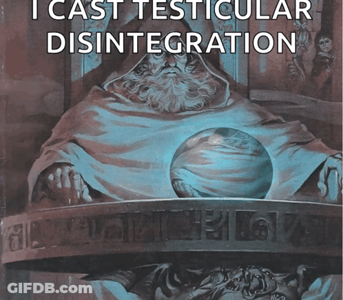 A Painting Of A Man With The Words " I Cast Testicular Disintegration " On The Top GIF