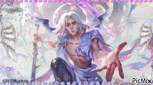 A Painting Of A Man With Wings And A Picmix Logo GIF