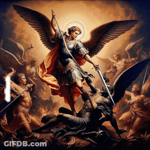 A Painting Of A Man With Wings Holding A Sword And Surrounded By Angels GIF