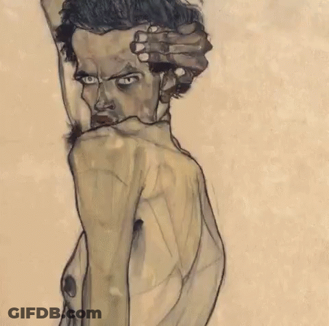 A Painting Of A Man Without A Shirt Holding His Head GIF