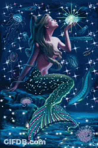 A Painting Of A Mermaid Holding A Glowing Object In Her Hand GIF