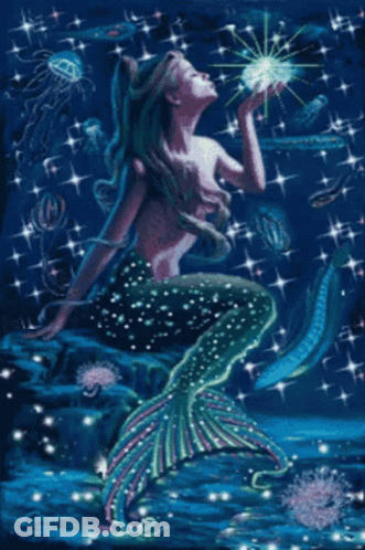 A Painting Of A Mermaid Holding A Starfish In Her Hand GIF