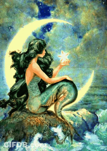 A Painting Of A Mermaid Sitting On A Rock Holding A Star And A Crescent Moon GIF