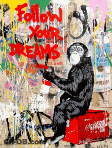 A Painting Of A Monkey Sitting On A Coca Cola Crate GIF