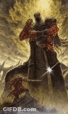 A Painting Of A Monster Holding A Sword And A Skeleton GIF