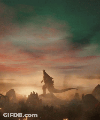 A Painting Of A Monster Standing In The Middle Of A City GIF