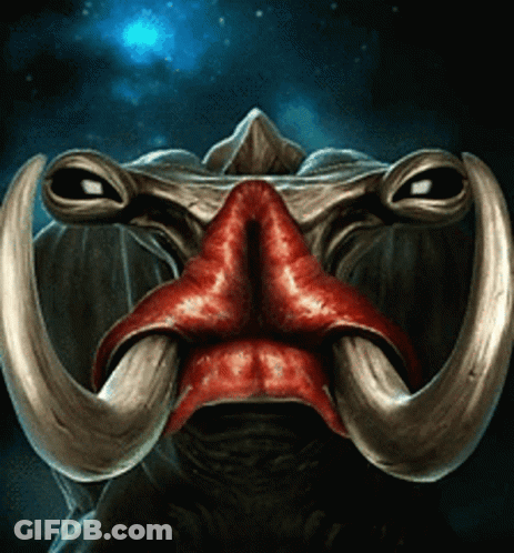 A Painting Of A Monster With A Red Nose And Long Horns GIF